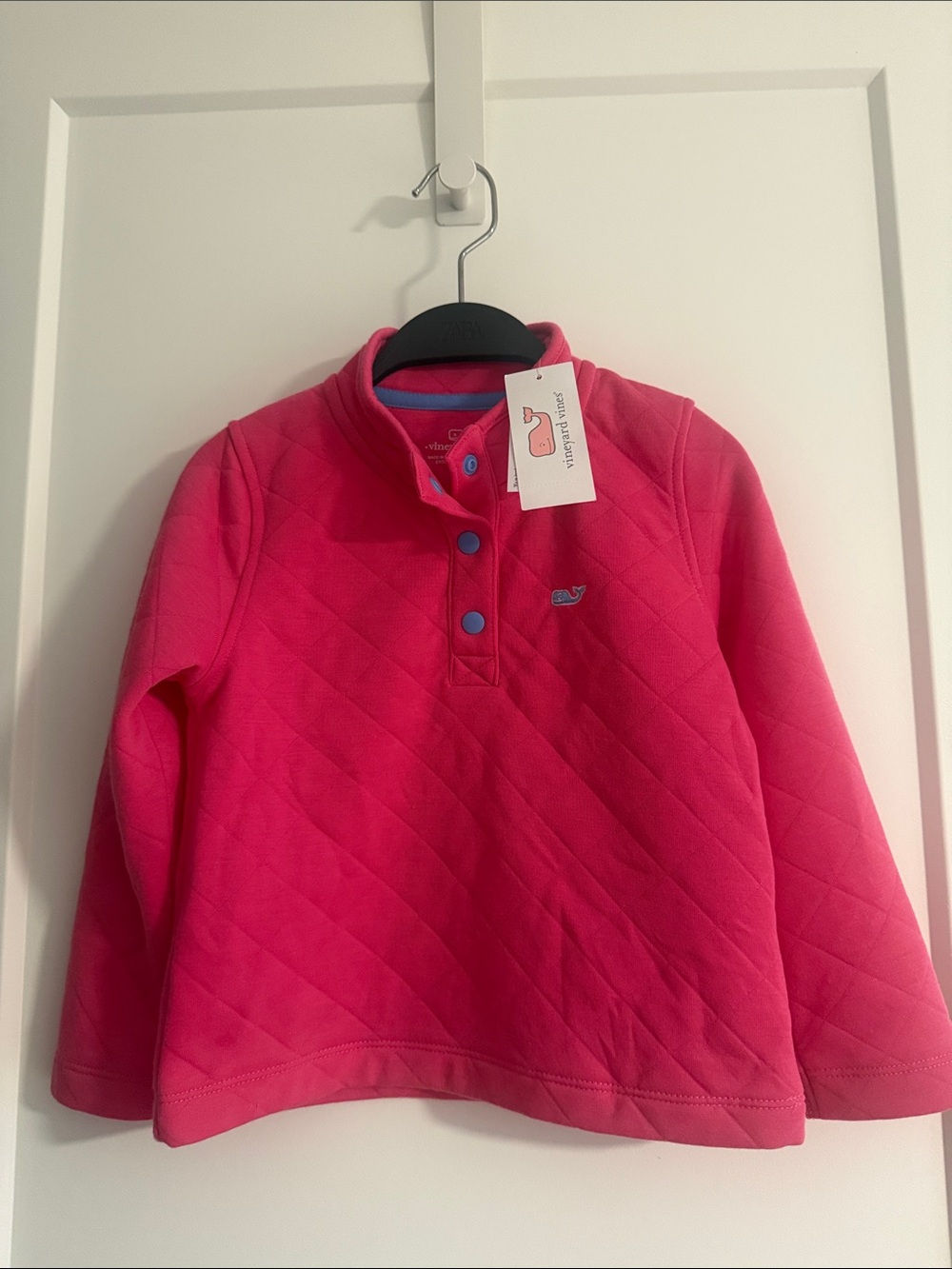 Vineyard Vines Girls' Hot Pink Quilted Pullover with Blue Snap Buttons